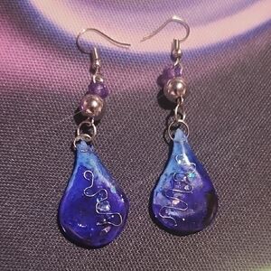 Blue Silver Wire Teardrop Earrings